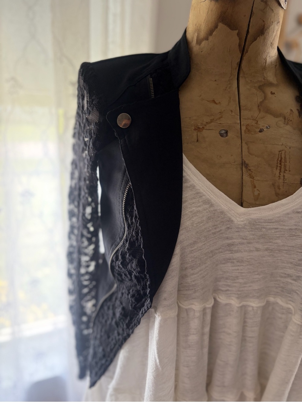Material Girl Black Lace-Sleeve Moto Jacket